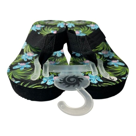 Hawaiian Womens Flip Flop Sandals~Size 7~Black Green Floral Wedge Shoe P7 17 - Picture 3 of 8